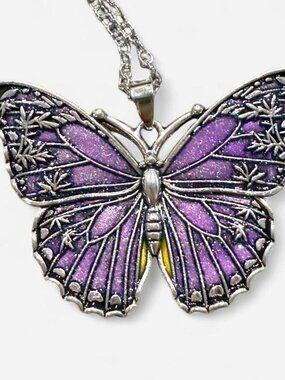 Purple Butterfly Pendant Necklace Silver Tone Chain